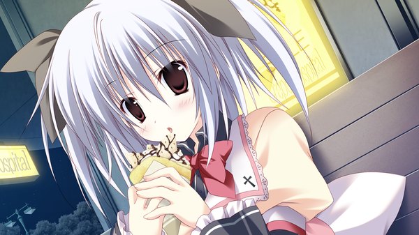 Anime picture 1280x720 with gakuou mayuzumi hinayu korie riko blush short hair red eyes wide image game cg white hair loli eating girl uniform ribbon (ribbons) hair ribbon school uniform food bowtie