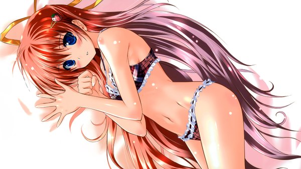 Anime picture 3200x1800 with original ayasaka mei komatsu eiji single long hair blush highres blue eyes light erotic wide image white background red hair underwear only on side girl hair ornament underwear panties ribbon (ribbons) hair ribbon