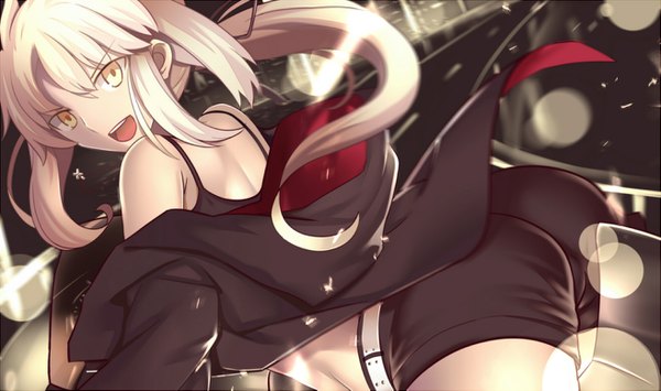 Anime picture 1313x777 with fate (series) fate/grand order fate/stay night artoria pendragon (all) saber saber alter paperfinger single long hair looking at viewer open mouth light erotic blonde hair wide image yellow eyes ass ponytail looking back wind off shoulder
