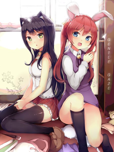 Anime picture 1000x1325 with original kimoshi long hair tall image looking at viewer blush open mouth blue eyes light erotic black hair sitting twintails multiple girls green eyes animal ears red hair cat ears bunny ears pantyshot wariza