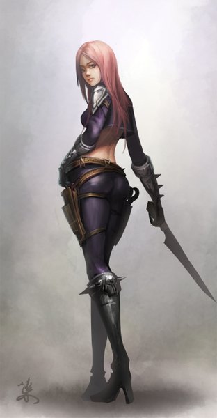 Anime picture 700x1346 with league of legends katarina (league of legends) foliage (artist) single long hair tall image looking at viewer breasts standing green eyes pink hair ass looking back grey background high heels back girl gloves weapon sword