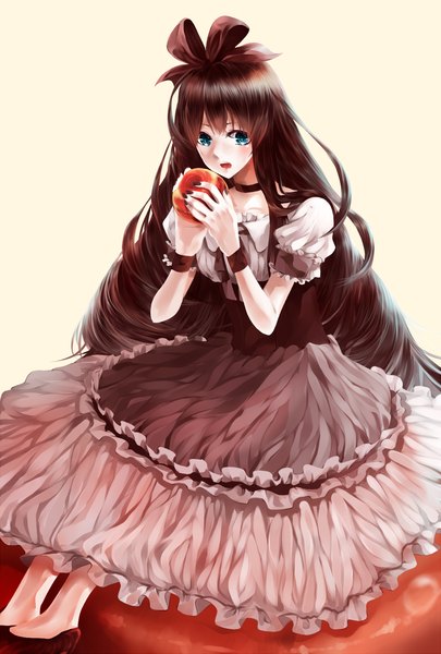 Anime picture 1083x1603 with original hiroimu single long hair tall image looking at viewer blush open mouth blue eyes brown hair white background drill hair girl dress bow hair bow fruit apple