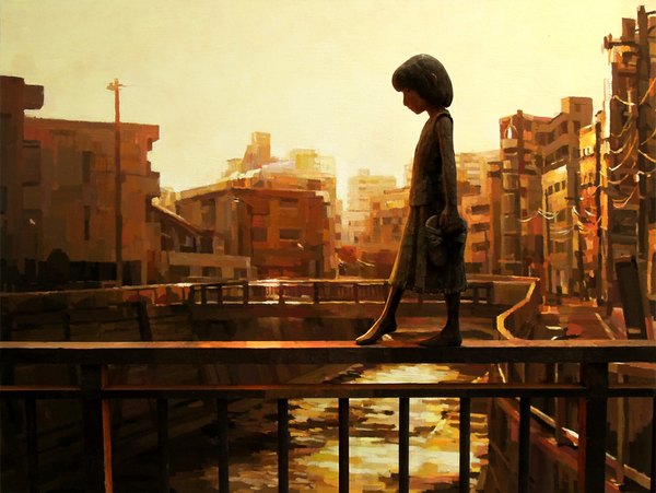 Anime picture 1106x833 with original ohata single fringe short hair holding sky barefoot walking river girl shoes building (buildings)