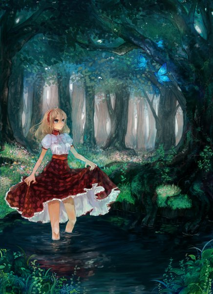 Anime picture 2000x2750 with original pisuke tall image highres blue eyes blonde hair dress lift girl dress plant (plants) tree (trees) water hairband forest