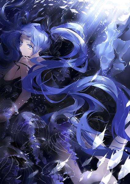 Anime picture 750x1061 with vocaloid shinkai shoujo (vocaloid) hatsune miku nanobe single tall image looking at viewer blue eyes twintails blue hair very long hair barefoot light underwater girl dress bow hair bow animal black dress