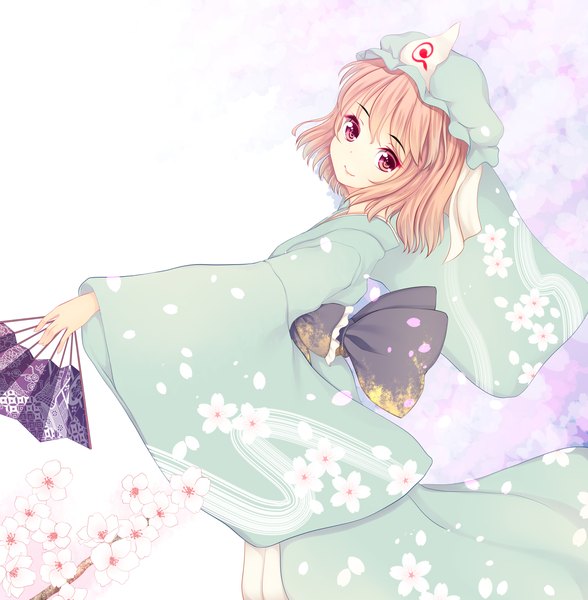 Anime picture 1568x1600 with touhou saigyouji yuyuko kiyomin single tall image fringe short hair blonde hair smile red eyes white background traditional clothes japanese clothes cherry blossoms girl petals kimono obi bonnet fan