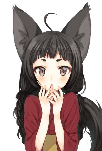 Anime picture 541x800 with original midorikawa you single long hair tall image blush fringe open mouth black hair simple background white background brown eyes animal ears ahoge tail animal tail eyebrows surprised girl