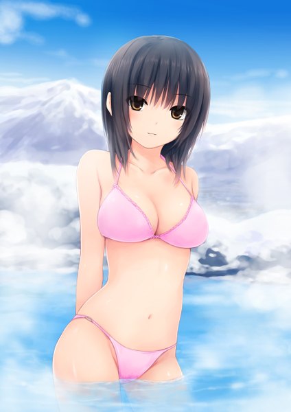 Anime picture 905x1280 with original aoyama sumika coffee-kizoku single long hair tall image looking at viewer blush light erotic black hair brown eyes sky cloud (clouds) midriff winter hands behind back mountain girl navel swimsuit