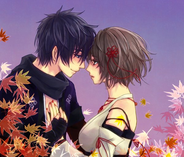 Anime picture 1214x1032 with vocaloid kaito (vocaloid) meiko si no sinoma short hair black hair brown hair nail polish profile light smile couple gradient background holding hands face to face purple background girl boy hair ornament detached sleeves hairclip