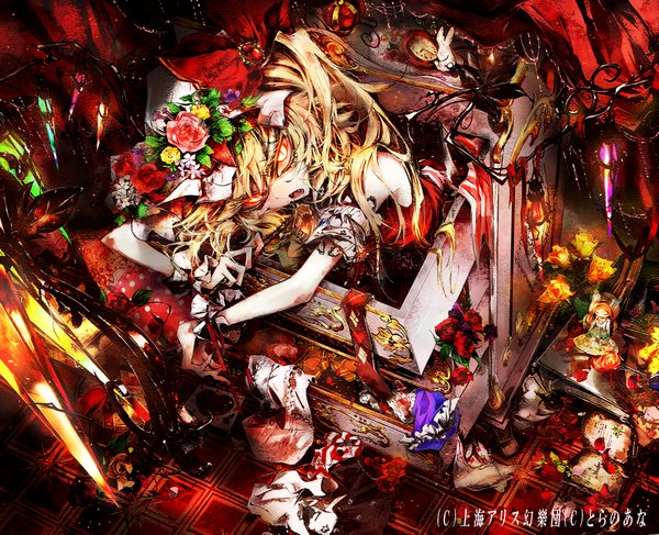 Anime picture 1000x813 with touhou flandre scarlet pkk long hair blonde hair red eyes teeth fang (fangs) girl dress flower (flowers) plant (plants) wings rose (roses) insect butterfly bonnet clock crown clothes