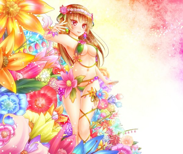 Anime picture 969x816 with original noppi (noppi 98) single long hair blush breasts light erotic brown hair pink eyes girl navel flower (flowers) wreath