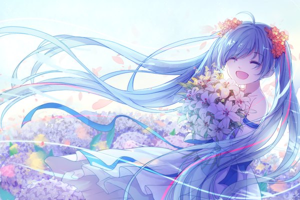 Anime picture 2880x1920 with vocaloid hatsune miku yue yue single highres open mouth smile twintails bare shoulders ahoge eyes closed very long hair hair flower wind aqua hair happy girl dress flower (flowers) petals