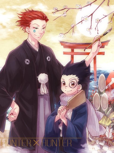Anime picture 1050x1400 with hunter x hunter hisoka (hunter x hunter) gon freaks zoff (daria) tall image looking at viewer short hair blue eyes black hair smile brown eyes red hair japanese clothes hand on hip facial mark new year plum blossoms boy flower (flowers) plant (plants)