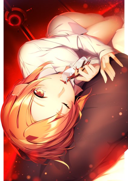 Anime picture 700x990 with original ichinose tomoe ryuji (ikeriu) single tall image looking at viewer blush fringe short hair breasts light erotic blonde hair holding yellow eyes payot lying long sleeves one eye closed wink thighs