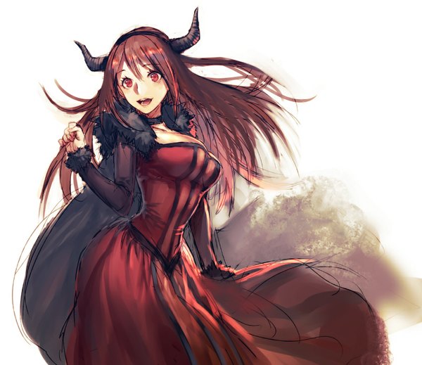 Anime picture 850x736 with maoyuu maou yuusha arms corporation maou (maoyuu) kitunen (artist) single long hair fringe breasts open mouth red eyes large breasts looking away red hair horn (horns) happy girl dress red dress