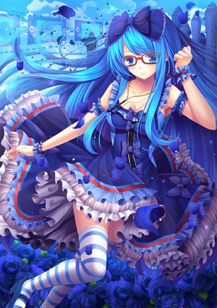 Anime picture 707x1000 with original toshi (1-147) single long hair tall image looking at viewer blue eyes blue hair girl thighhighs dress flower (flowers) bow hair bow petals glasses frills striped thighhighs
