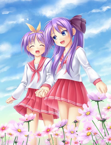 Anime picture 960x1260 with lucky star kyoto animation hiiragi kagami hiiragi tsukasa tsubonorou long hair tall image blush short hair open mouth blue eyes multiple girls sky purple hair cloud (clouds) eyes closed holding hands siblings twins sisters