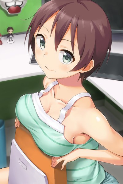 Anime picture 803x1200 with new game! doga kobo shinoda hajime hashi single tall image short hair breasts blue eyes light erotic brown hair bare shoulders looking away girl chair figure