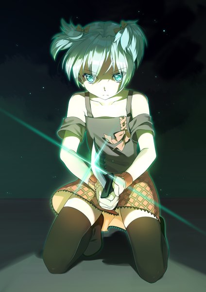 Anime picture 2480x3507 with ansatsu kyoushitsu shiota nagisa hei mao de jin tong single tall image looking at viewer fringe highres blue eyes twintails holding wind aqua hair night night sky kneeling lens flare short twintails squat serious