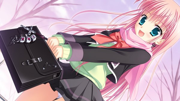 Anime picture 1280x720 with hatsuyuki sakura azuma yoru toranosuke single long hair blush open mouth blue eyes wide image pink hair game cg girl skirt uniform school uniform miniskirt scarf school bag