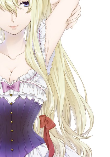 Anime picture 1500x2142 with touhou yakumo yukari chito04 long hair tall image fringe breasts light erotic simple background blonde hair smile white background purple eyes looking away light smile girl bow hair bow corset