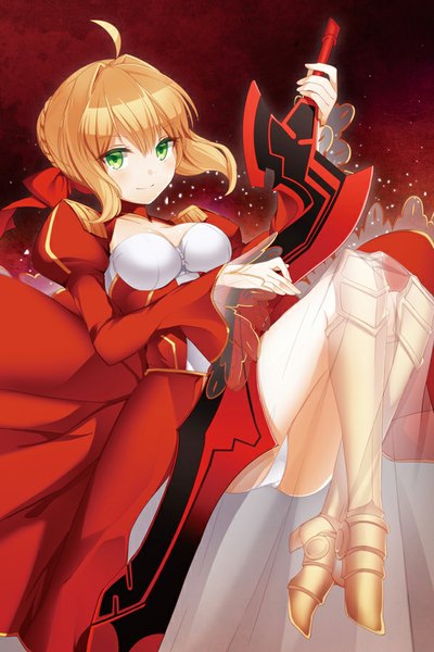 Anime picture 598x897 with fate (series) fate/extra type-moon nero claudius (fate) (all) nero claudius (fate) juugonichi single tall image looking at viewer blush fringe breasts light erotic blonde hair smile holding green eyes ahoge pantyshot puffy sleeves