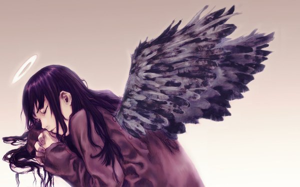 Anime picture 1920x1200 with haibane renmei reki (haibane) abe yoshitoshi single long hair highres simple background purple hair eyes closed crossed arms third-party edit girl wings feather (feathers) halo