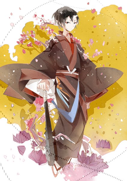 Anime picture 750x1060 with hoozuki no reitetsu wit studio hoozuki (hoozuki no reitetsu) nanobe single tall image looking at viewer short hair black hair full body traditional clothes japanese clothes horn (horns) pointy ears black eyes eyeshadow demon boy petals branch