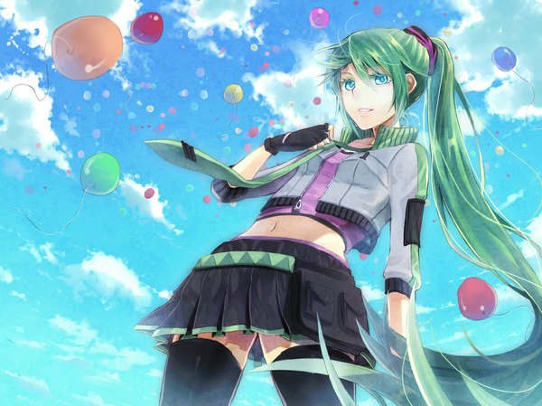 Anime picture 1166x874 with vocaloid hatsune miku vient single long hair looking at viewer blue eyes sky cloud (clouds) ponytail pleated skirt aqua hair girl thighhighs black thighhighs fingerless gloves fanny pack balloon