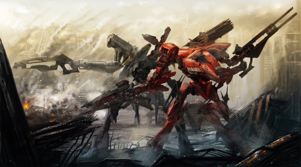 Anime picture 1931x1077 with armored core cecetiv (pixiv) highres wide image smoke ruins weapon gun mecha