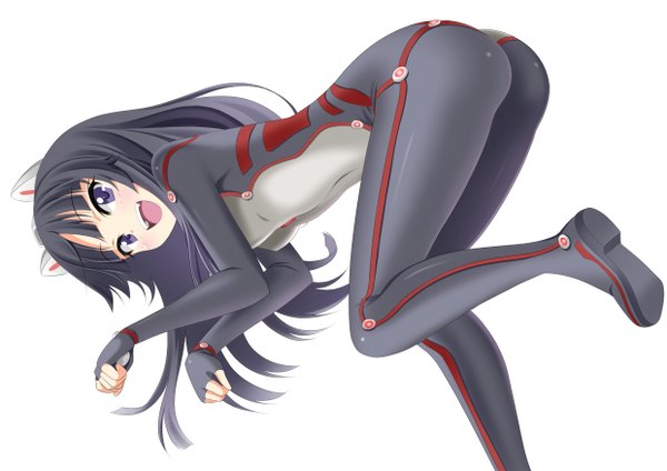 Anime picture 1239x876 with guilty crown production i.g tsugumi violet sit single long hair blush open mouth light erotic black hair simple background white background purple eyes animal ears ass cat ears covered navel girl bodysuit