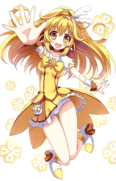 Anime picture 1350x2100 with precure smile precure! cure peace hoshi no gen single long hair tall image blush breasts open mouth light erotic blonde hair simple background yellow eyes ponytail pleated skirt short sleeves pantyshot puffy sleeves happy