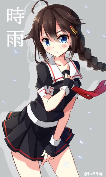 Anime picture 753x1253 with kantai collection shigure destroyer rin yuu single tall image looking at viewer blush fringe open mouth blue eyes brown hair standing signed braid (braids) head tilt pleated skirt wind grey background short sleeves leaning