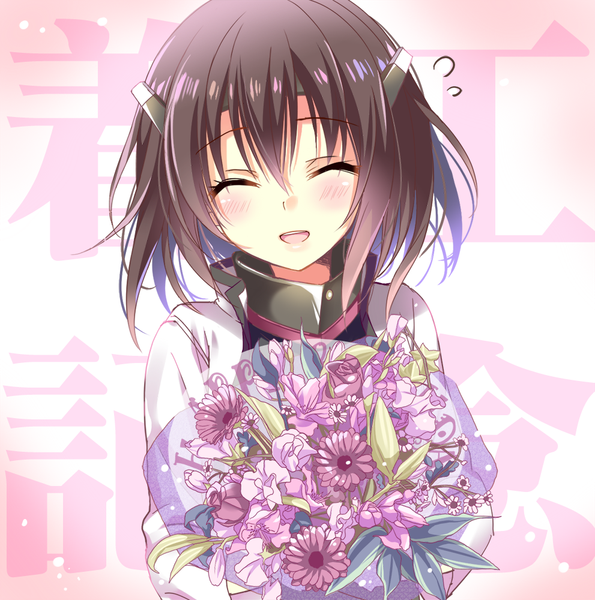Anime picture 991x1000 with kantai collection taihou armored aircraft carrier ikura nagisa single tall image blush fringe short hair open mouth smile hair between eyes brown hair eyes closed hieroglyph girl hair ornament flower (flowers) bouquet