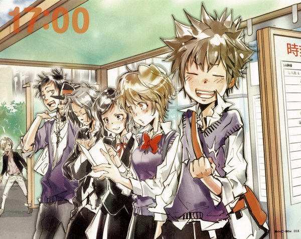 Anime picture 3495x2783 with katekyou hitman reborn rebo to dlive (artbook) sawada tsunayoshi gokudera hayato yamamoto takeshi reborn leon (khr) miura haru sasagawa kyoko basilicum amano akira highres short hair open mouth blue eyes black hair smile brown hair sitting brown eyes