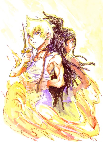 Anime picture 1015x1400 with magi the labyrinth of magic a-1 pictures ali baba saluja kassim hirokazu long hair tall image looking at viewer short hair blonde hair brown hair bare shoulders yellow eyes profile hand on hip muscle fighting stance back to back boy weapon