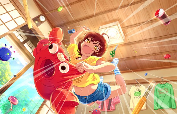 Anime picture 1280x824 with idolmaster idolmaster cinderella girls idolmaster cinderella girls starlight stage ueda suzuho single short hair open mouth brown eyes red hair symbol-shaped pupils girl socks shorts short shorts toy stuffed animal stuffed toy striped socks