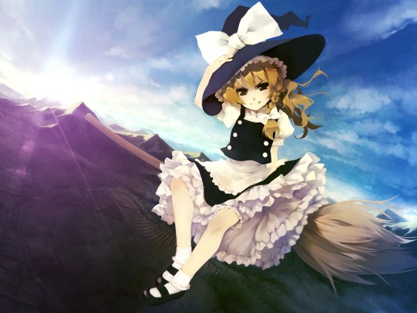 Anime picture 1280x960 with touhou kirisame marisa chinchickrin blonde hair grin broom riding girl hat shoes witch hat broom mary janes
