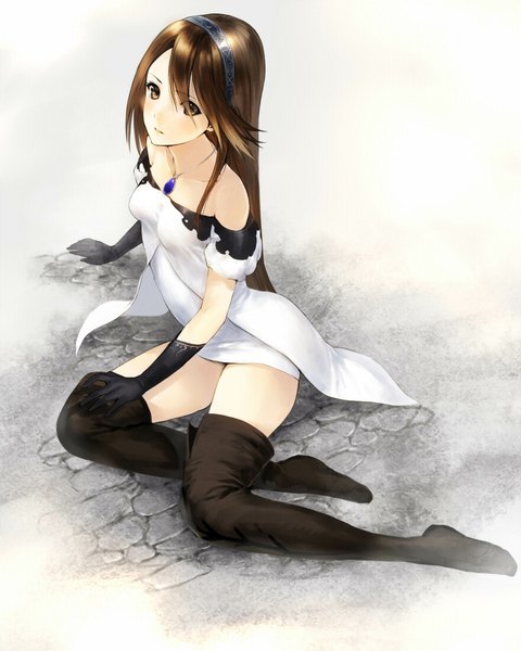 Anime picture 879x1100 with bravely default: flying fairy agnes oblige makimura shunsuke single long hair tall image looking at viewer blush simple background brown hair sitting bare shoulders brown eyes from above grey background girl gloves black gloves elbow gloves hairband