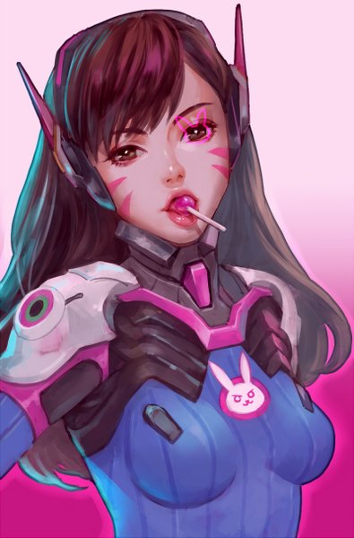Anime picture 800x1215 with overwatch blizzard entertainment d.va (overwatch) hage2013 single long hair tall image fringe brown hair brown eyes upper body realistic lipstick gradient background facial mark pink lipstick whisker markings girl food sweets