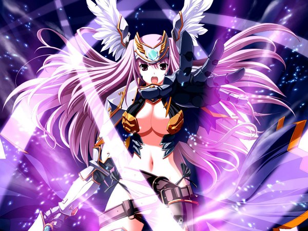 Anime picture 1600x1200 with shirogane no soleil skyfish (studio) hagall valkyr tsurugi hagane single long hair looking at viewer breasts open mouth light erotic large breasts pink hair game cg floating hair outstretched hand head wings girl navel underwear panties