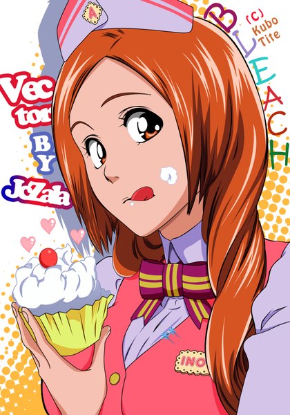 Anime picture 2400x3428 with bleach studio pierrot inoue orihime jczala single long hair tall image highres orange hair inscription orange eyes coloring food on face girl food headdress heart tongue bowtie