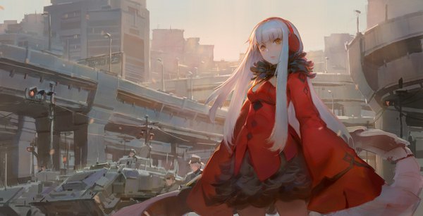 Anime picture 1250x640 with original krenz single long hair fringe wide image standing sky upper body outdoors white hair blunt bangs long sleeves sunlight blurry wide sleeves orange eyes fur trim city sleeves past wrists