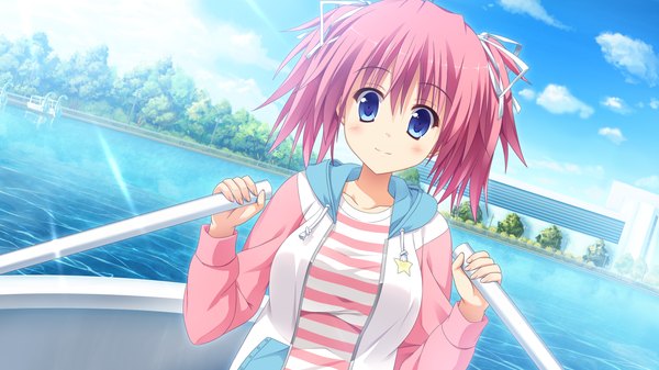 Anime picture 1280x720 with koishiki manual suzuka aki saeki nao single looking at viewer short hair blue eyes smile wide image twintails pink hair game cg sky cloud (clouds) sunlight striped girl ribbon (ribbons) plant (plants) hair ribbon