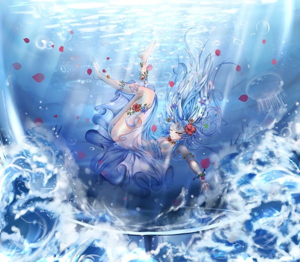 Anime picture 1980x1733 with cksl62 (harmonics) single long hair blush highres breasts light erotic blue hair eyes closed hair flower legs underwater girl dress hair ornament underwear panties flower (flowers)