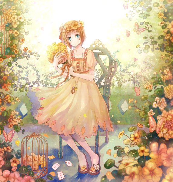 Anime picture 1142x1200 with axis powers hetalia studio deen liechtenstein (hetalia) anko kinako single tall image blush short hair blue eyes blonde hair sitting nail polish girl dress flower (flowers) petals pendant insect butterfly chair