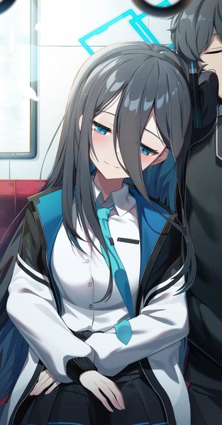 Anime picture 1463x2804 with blue archive aris (blue archive) sensei (blue archive) sugar (dndi888) long hair tall image blush fringe blue eyes black hair smile hair between eyes sitting eyes closed head on another's shoulder girl boy uniform school uniform necktie