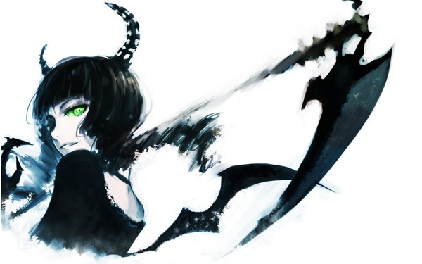 Anime picture 1920x1200 with black rock shooter dead master sola7764 single highres black hair simple background smile wide image white background twintails green eyes horn (horns) girl weapon