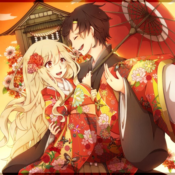 Anime picture 1000x1000 with original shigure kio long hair short hair open mouth black hair blonde hair red eyes eyes closed traditional clothes japanese clothes couple girl boy flower (flowers) kimono umbrella