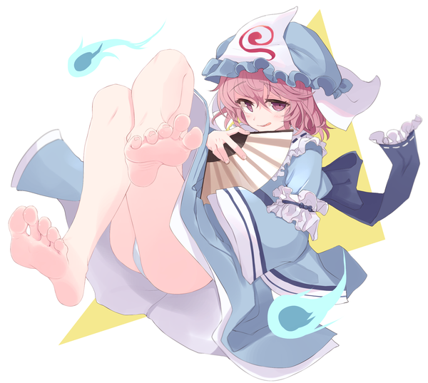 Anime picture 2556x2289 with touhou saigyouji yuyuko kahlua single looking at viewer fringe highres short hair light erotic simple background hair between eyes white background pink hair full body pink eyes barefoot bare legs crossed legs soles ghost